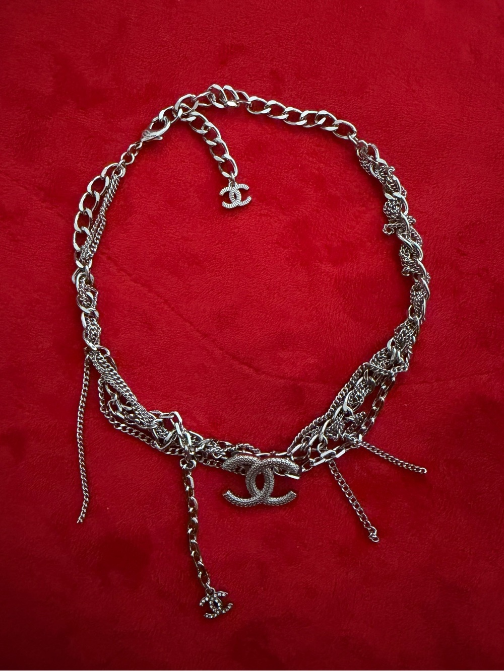 CC 18K Silver Multi Dripping Chain Necklace Choker